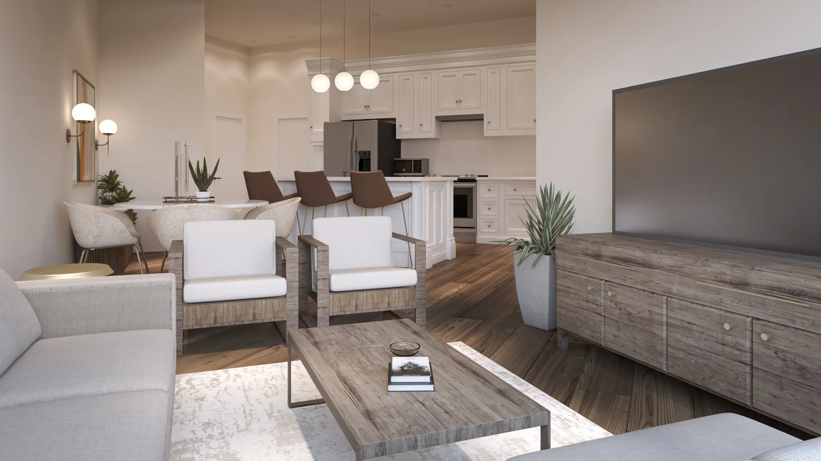 Spacious residence living room with modern furnishings and city views